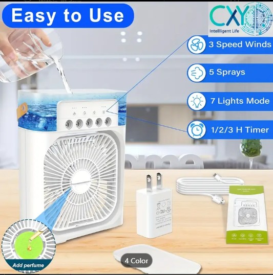 Portable 5-Hole Water-Cooled USB Desk Fan with 3 Speeds, 7H Timer & LED Light